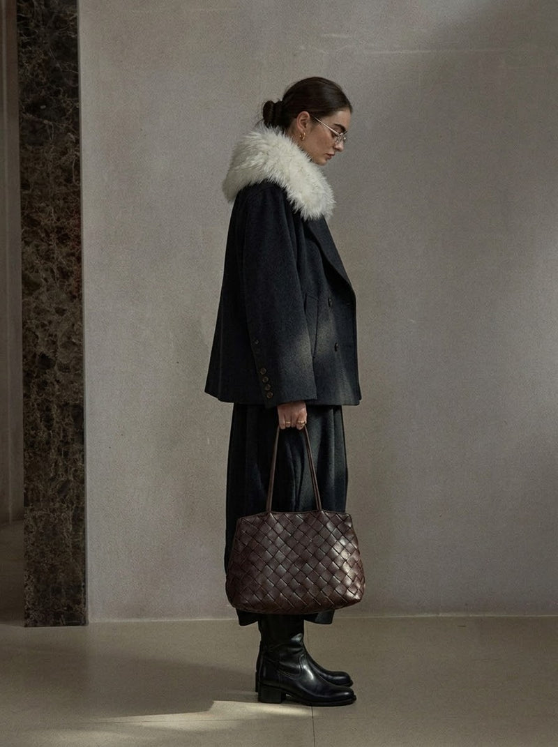 Fur-Collar Wool-Blend Short Coat