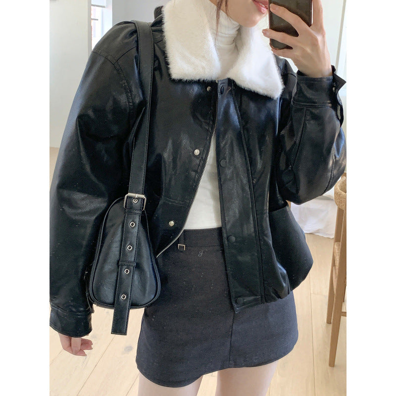 Fur-Collar Faux Leather Jacket