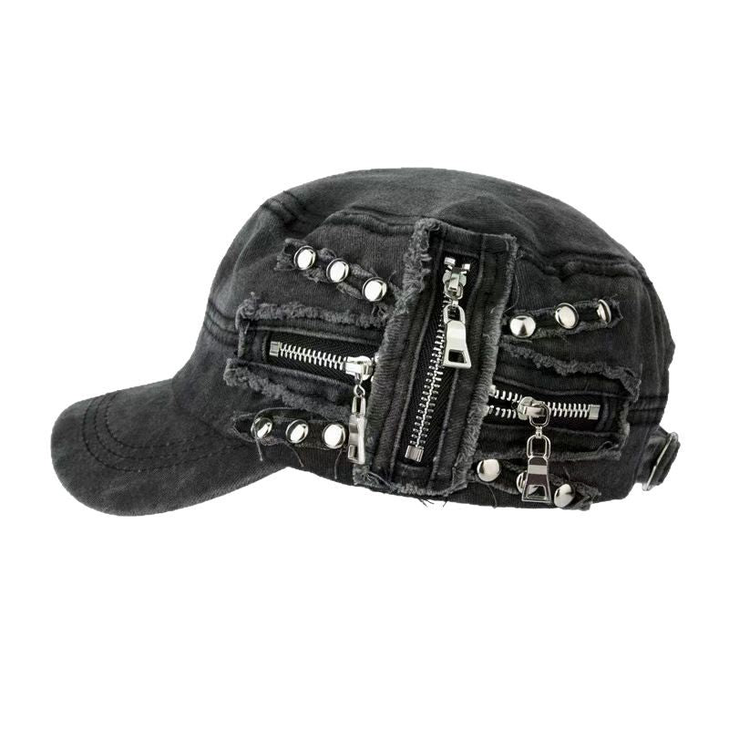 Rivet Zipper Washed Flat-Top Cap