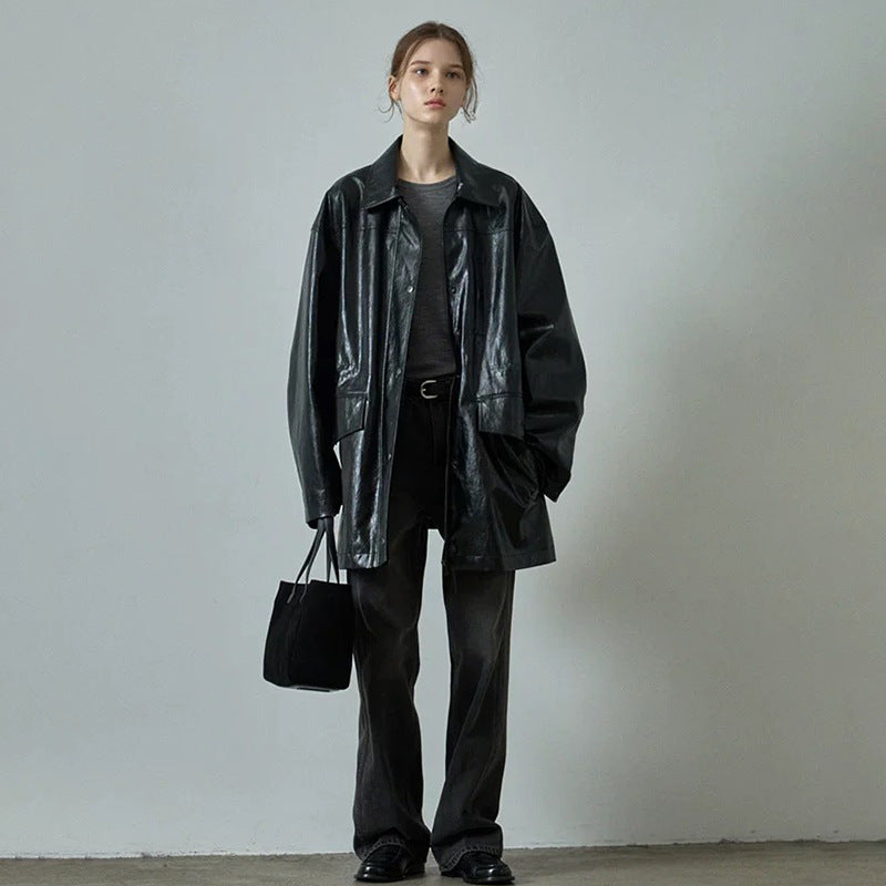 Drawstring Faux Leather Mid-Length Jacket