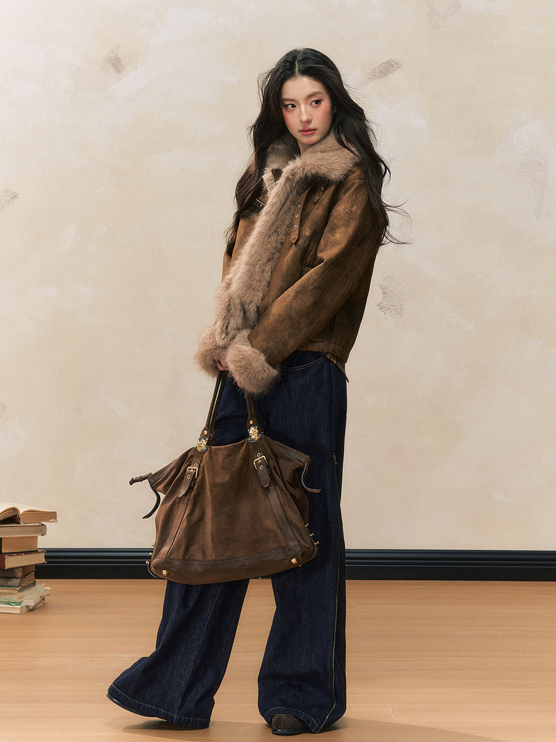 Faux Fur Trim Suede-Look Short Jacket