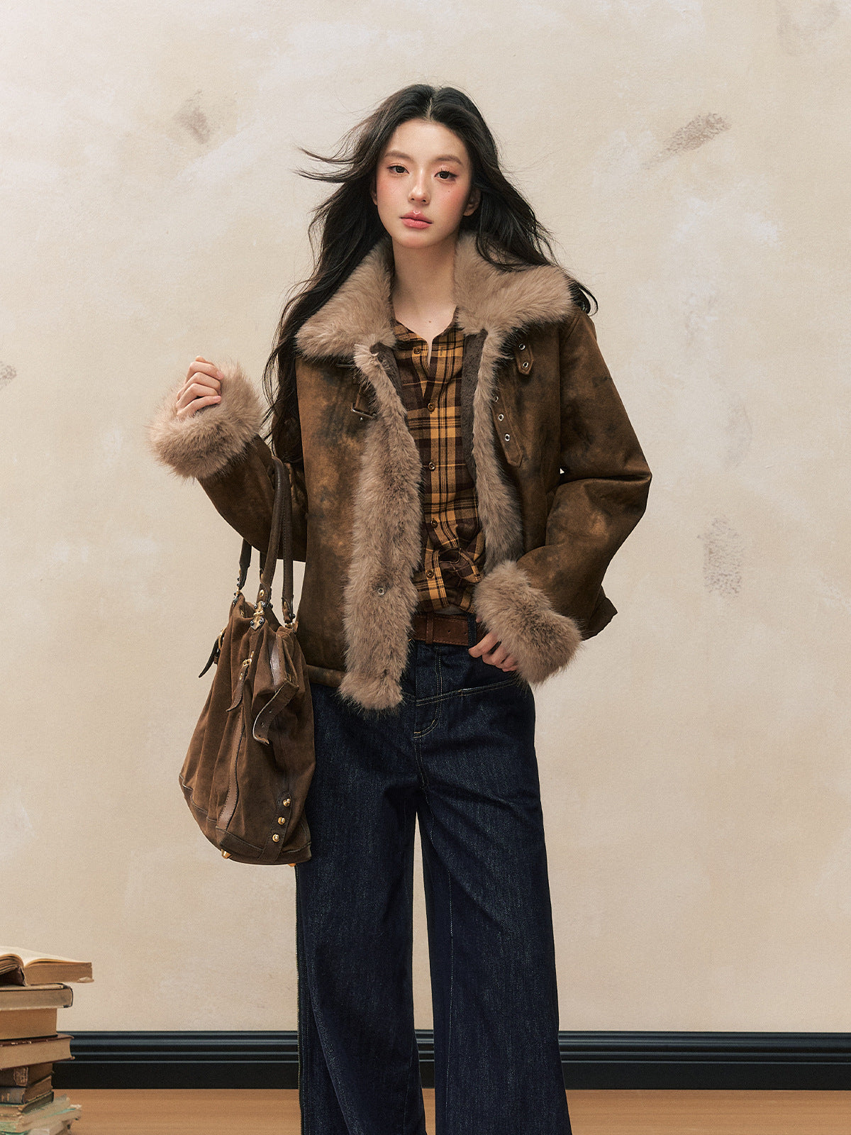 Faux Fur Trim Suede-Look Short Jacket