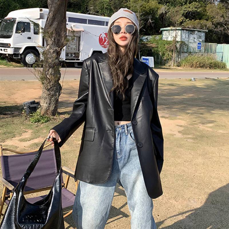 Oversized Faux Leather Blazer Jacket