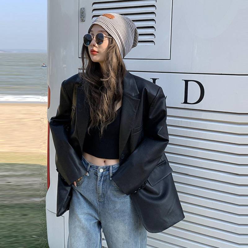 Oversized Faux Leather Blazer Jacket