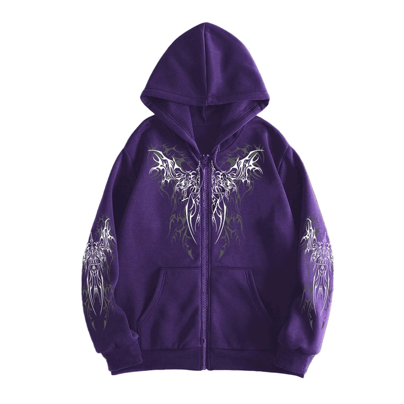 Tribal Wing Print Zip-Up Hoodie