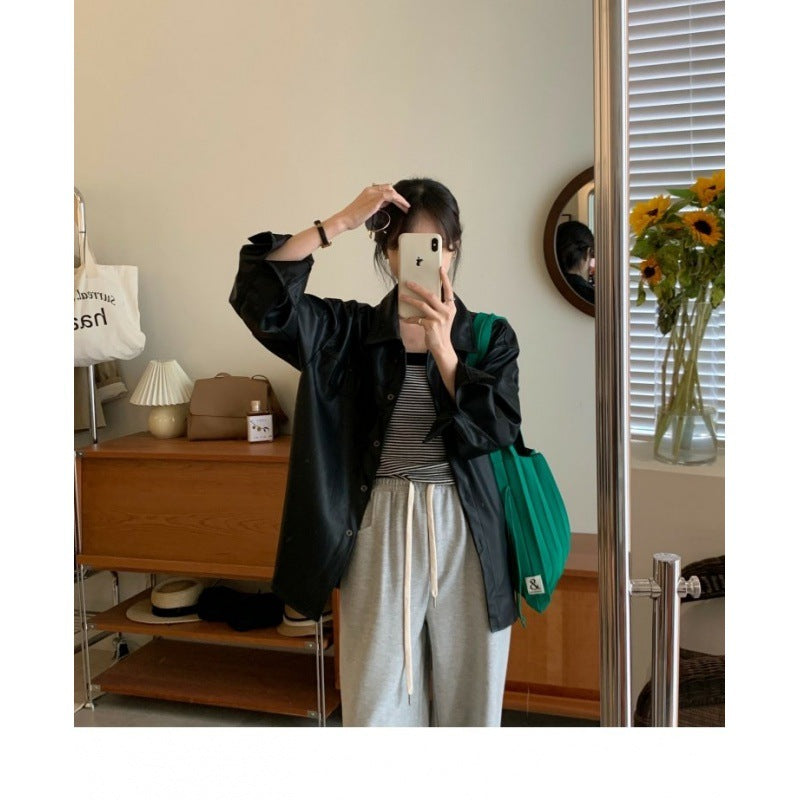 Mid-Length Faux Leather Shirt Jacket