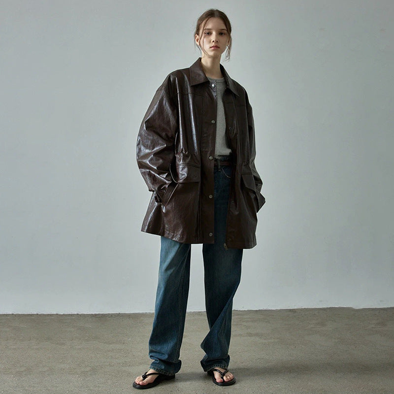 Drawstring Faux Leather Mid-Length Jacket