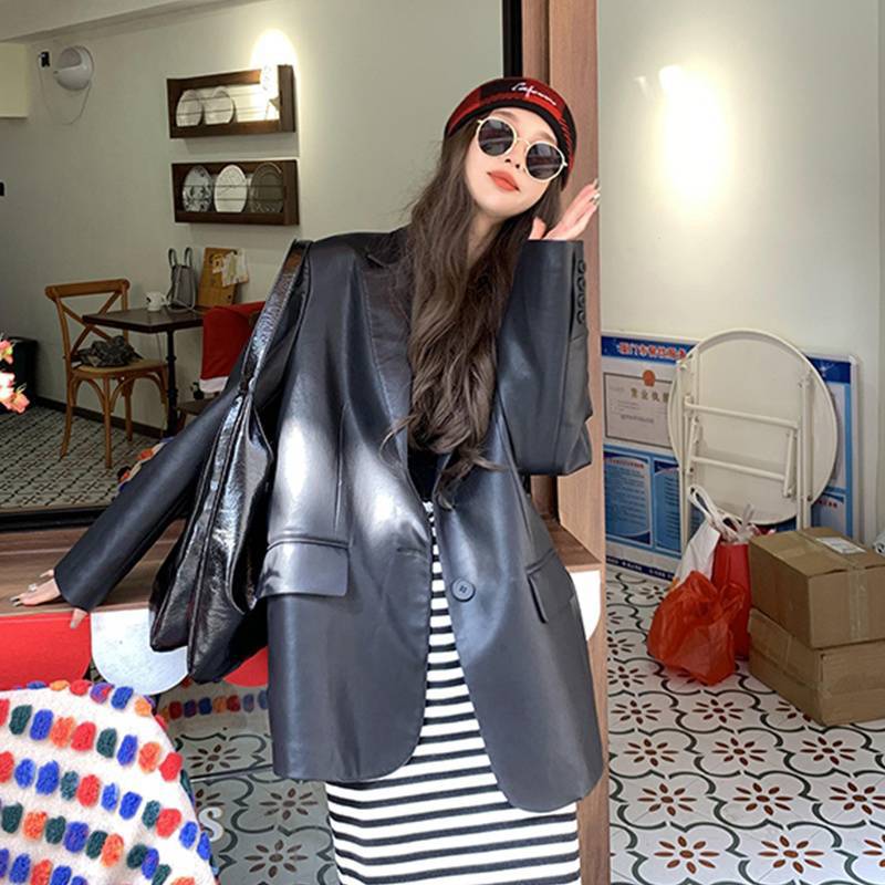 Oversized Faux Leather Blazer Jacket