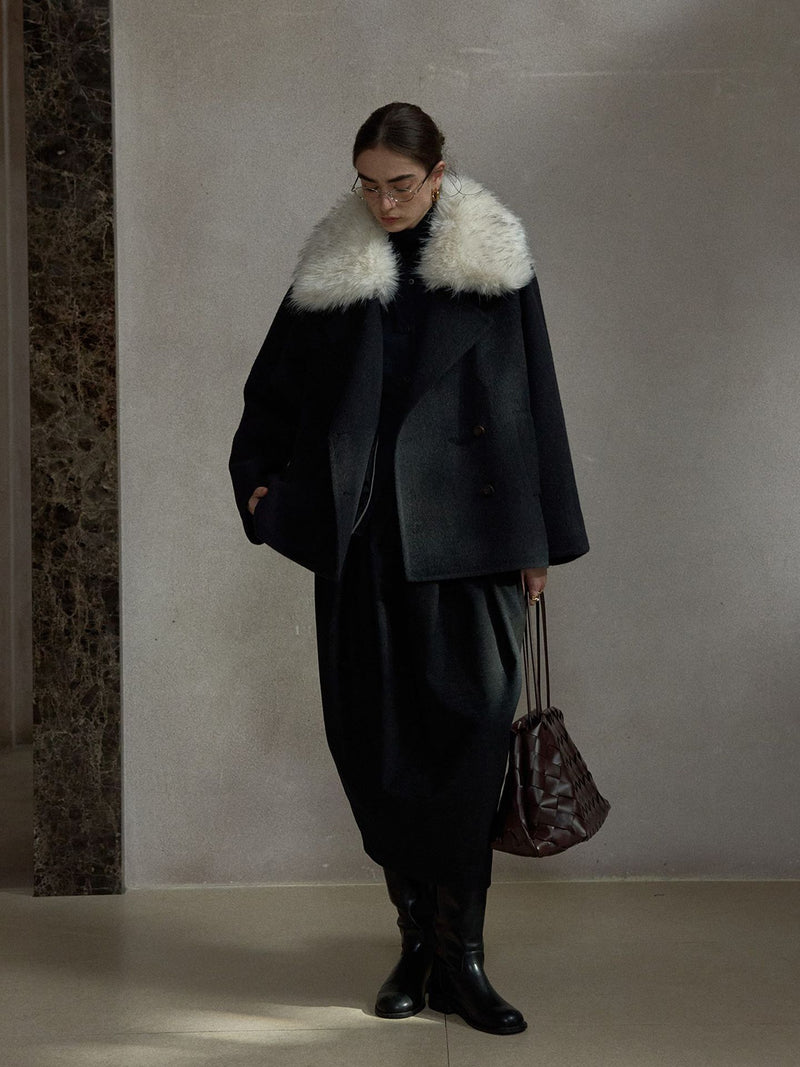 Fur-Collar Wool-Blend Short Coat