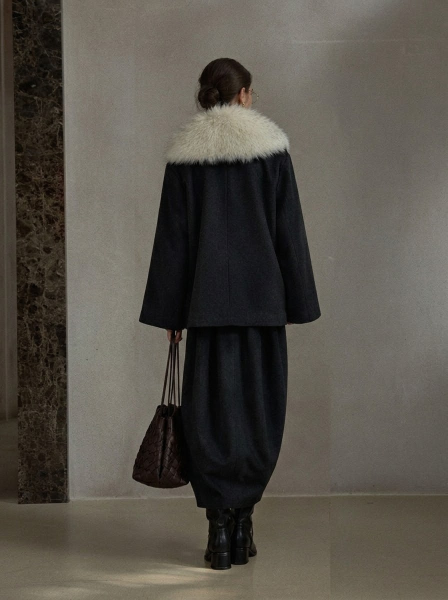 Fur-Collar Wool-Blend Short Coat