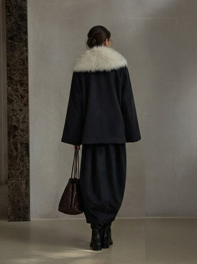 Fur-Collar Wool-Blend Short Coat