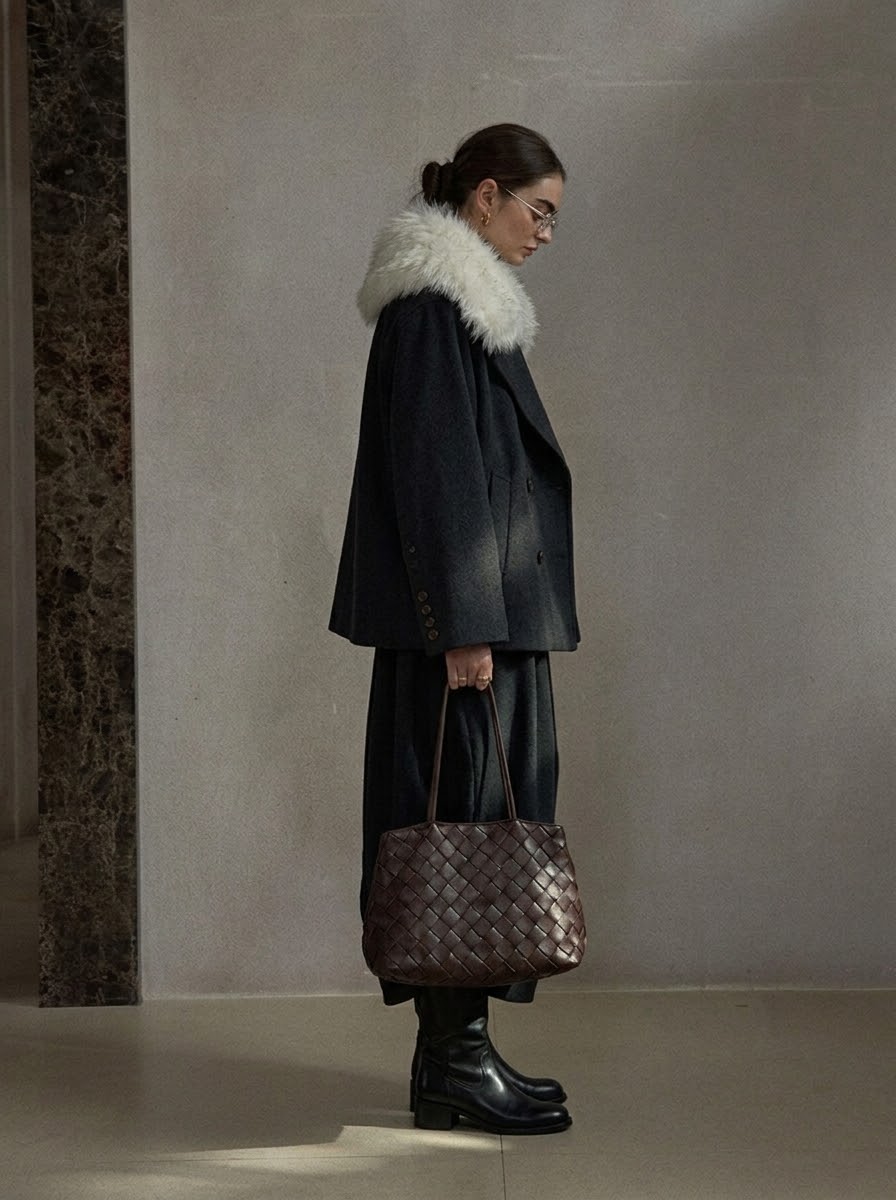 Fur-Collar Wool-Blend Short Coat