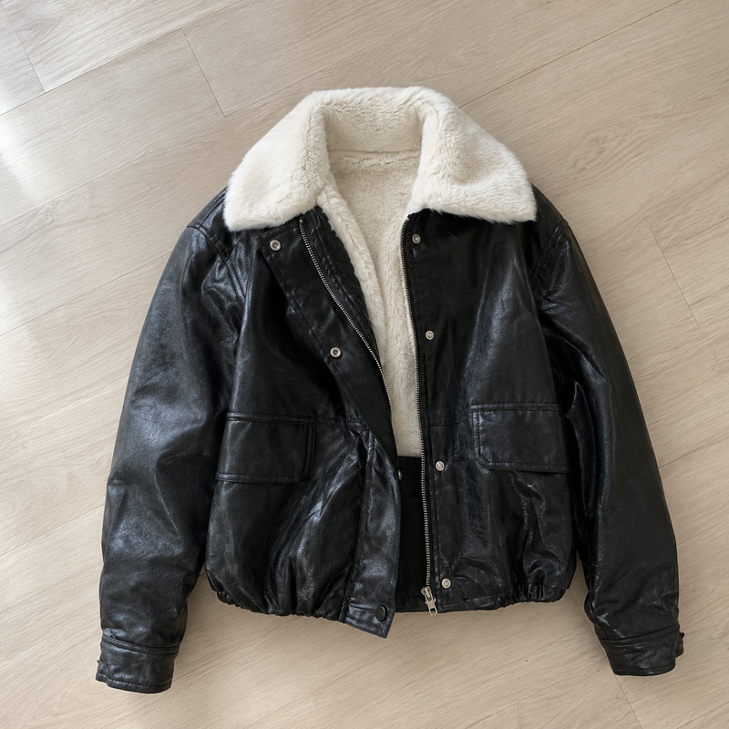 Fur-Collar Faux Leather Jacket