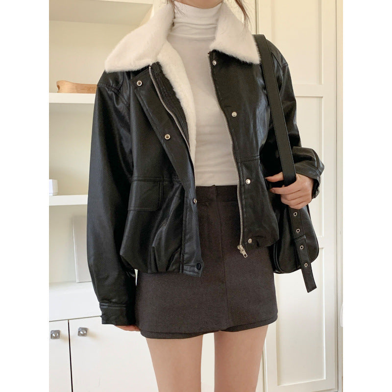Fur-Collar Faux Leather Jacket