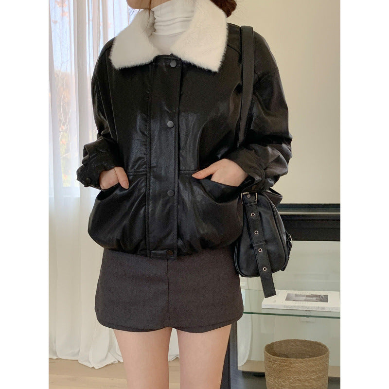 Fur-Collar Faux Leather Jacket