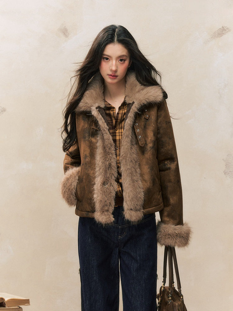 Faux Fur Trim Suede-Look Short Jacket