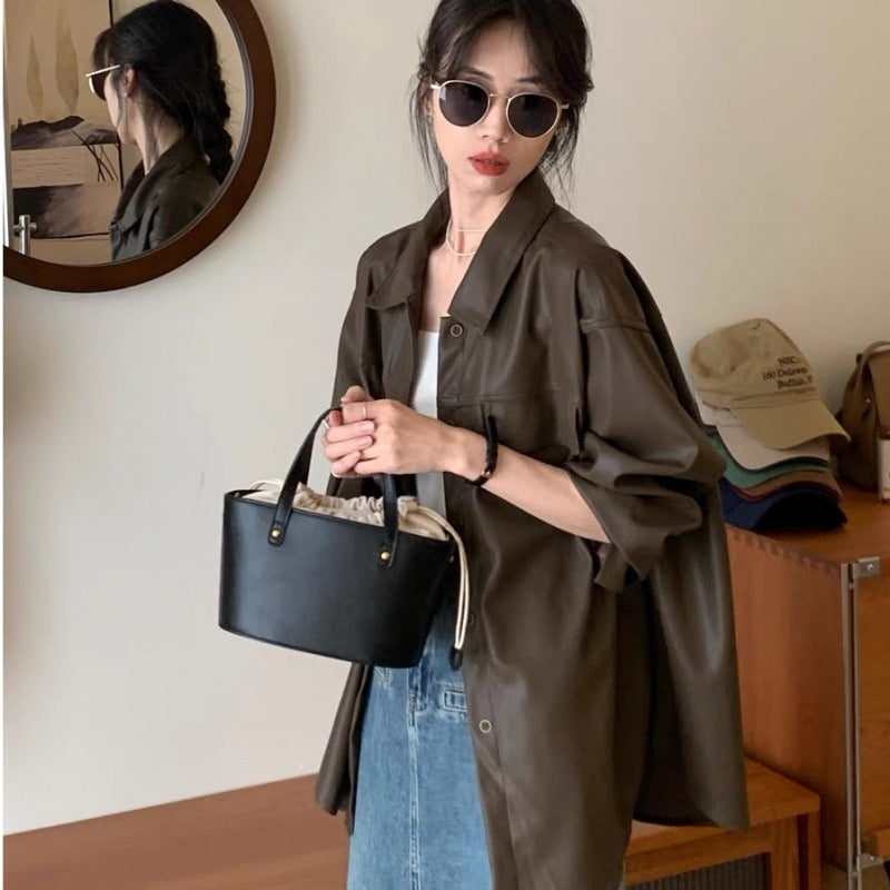 Mid-Length Faux Leather Shirt Jacket