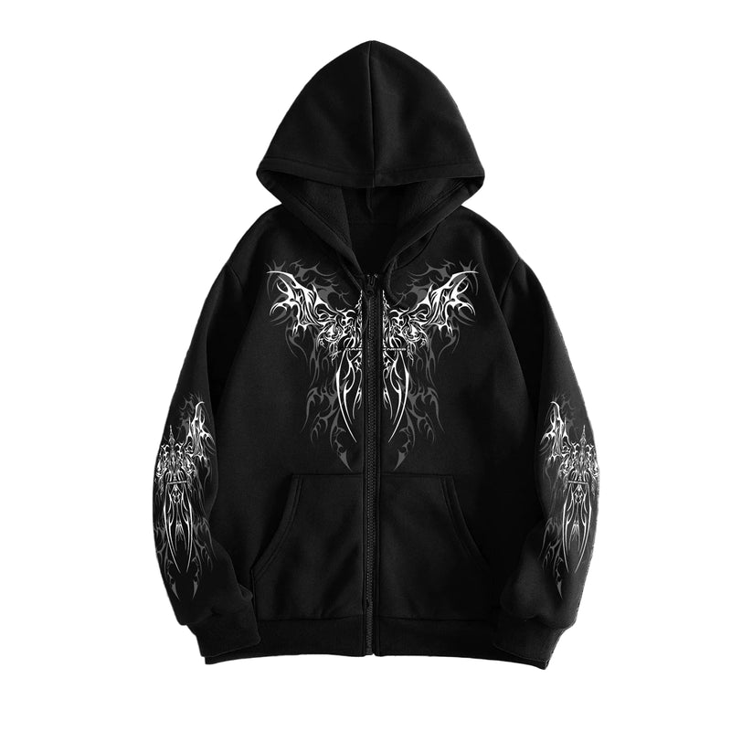 Tribal Wing Print Zip-Up Hoodie
