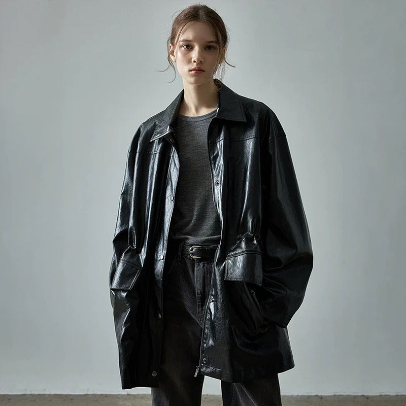 Drawstring Faux Leather Mid-Length Jacket