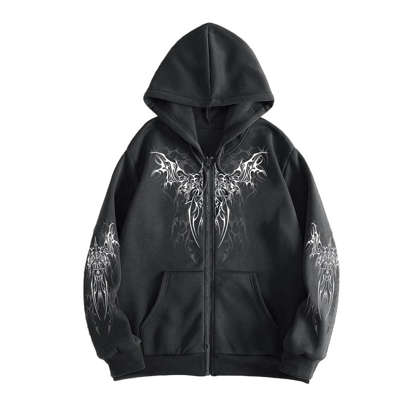 Tribal Wing Print Zip-Up Hoodie