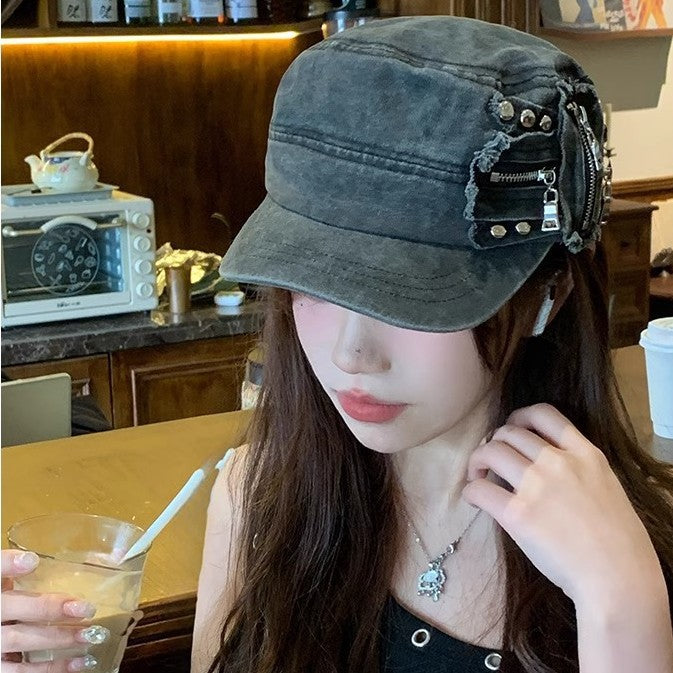 Rivet Zipper Washed Flat-Top Cap