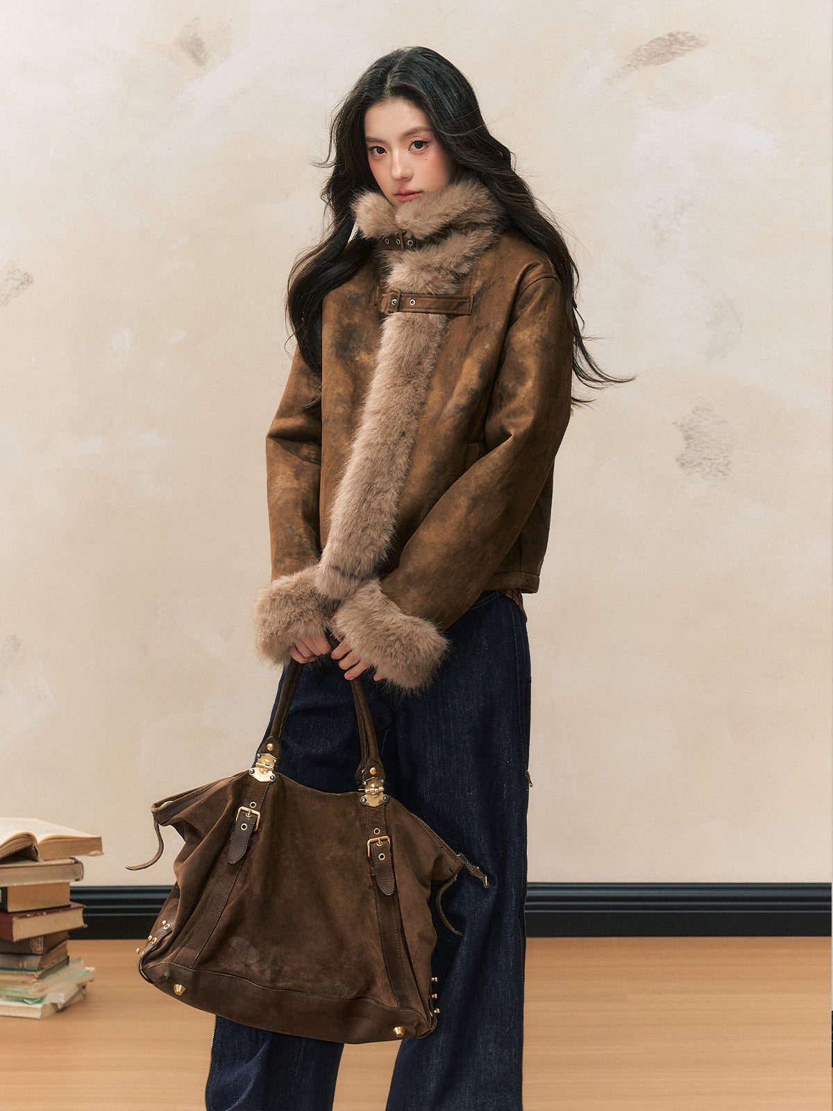 Faux Fur Trim Suede-Look Short Jacket