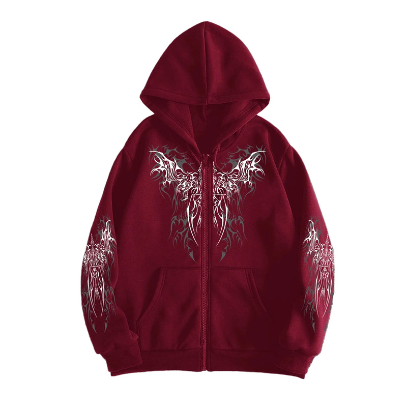 Tribal Wing Print Zip-Up Hoodie