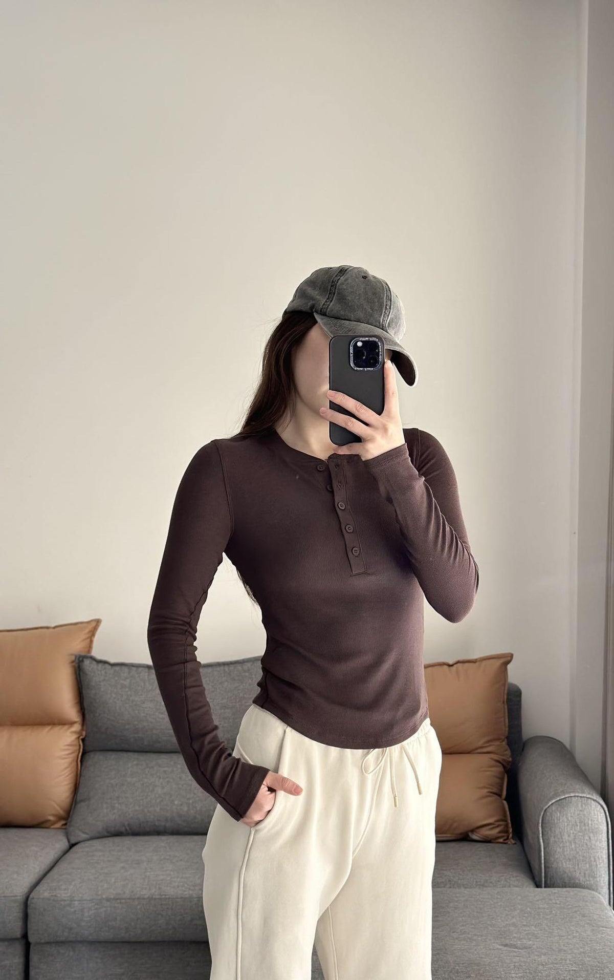Slim Ribbed Henley Long Sleeve Top