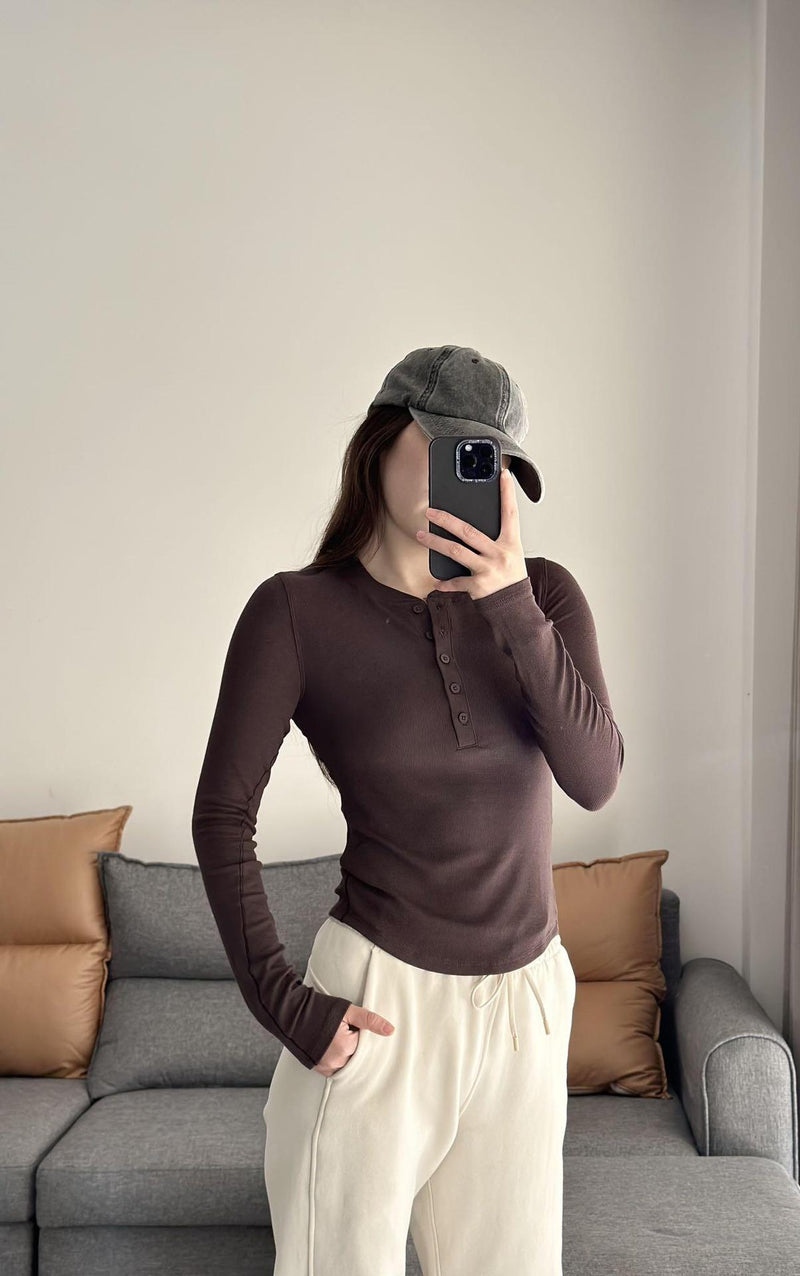 Slim Ribbed Henley Long Sleeve Top