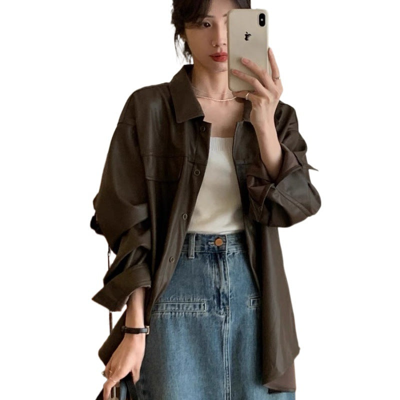 Mid-Length Faux Leather Shirt Jacket
