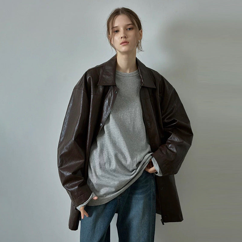 Drawstring Faux Leather Mid-Length Jacket