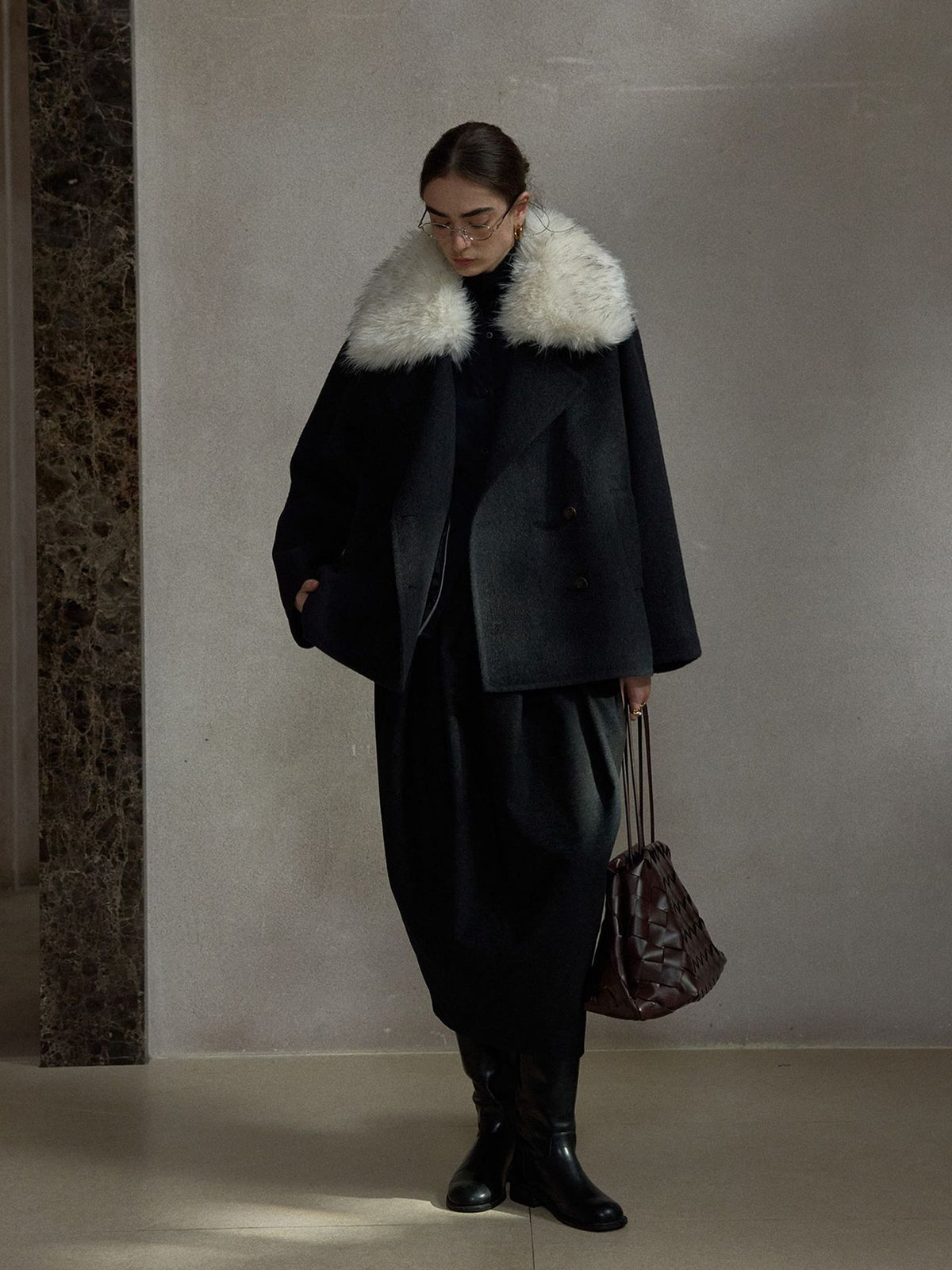 Fur-Collar Wool-Blend Short Coat