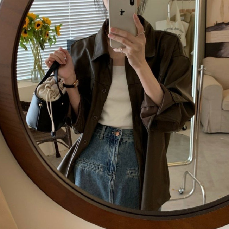 Mid-Length Faux Leather Shirt Jacket